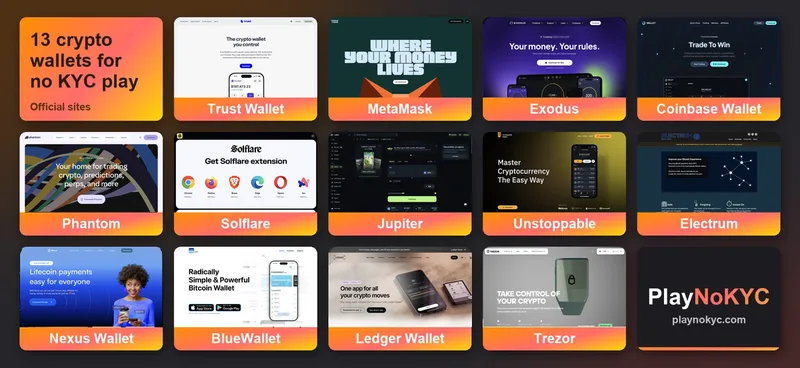 Collage of official websites for 13 crypto wallets used for no KYC casino play: Trust Wallet, MetaMask, Exodus, Coinbase Wallet, Phantom, Solflare, Jupiter, Unstoppable, Electrum, Nexus Wallet, BlueWallet, Ledger Wallet, and Trezor