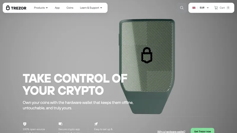Trezor official website homepage for the open-source hardware wallet