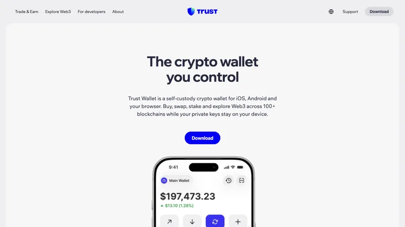 Trust Wallet official website homepage for the self-custody mobile crypto wallet