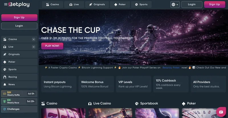 Betplay Casino homepage with Chase the Cup promo, Lightning payouts, and casino categories