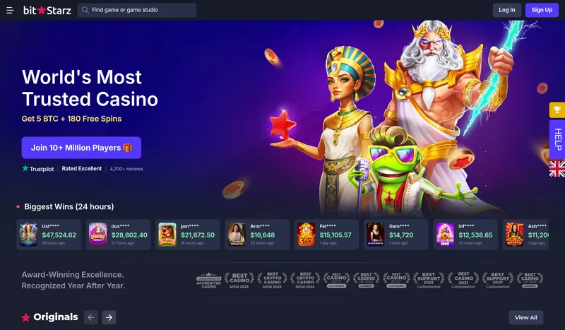 BitStarz Casino homepage with welcome bonus, biggest wins, and award badges