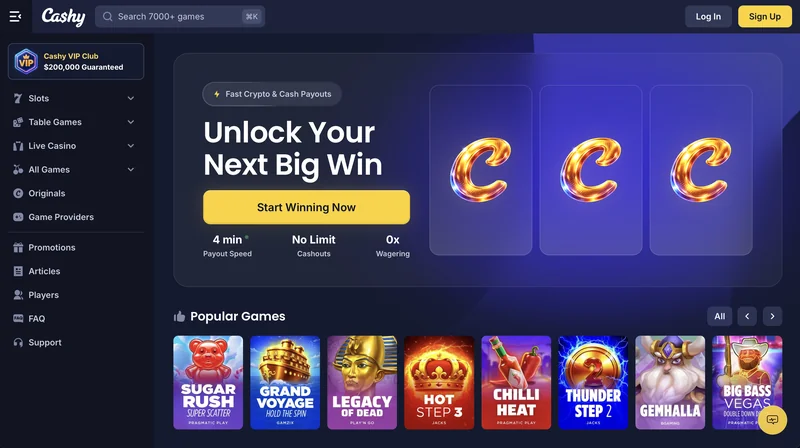Cashy Casino homepage with game lobby, cashback promos, and crypto deposit options