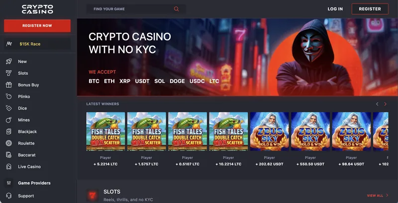 Crypto Casino homepage with anonymous crypto gambling lobby and game categories