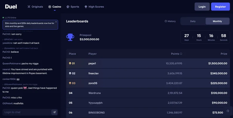Duel Casino rakeback rewards with $3m monthly and $25k daily slot and live game leaderboards