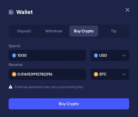 Duel Casino crypto wallet with deposit options and in-wallet buy crypto merchant