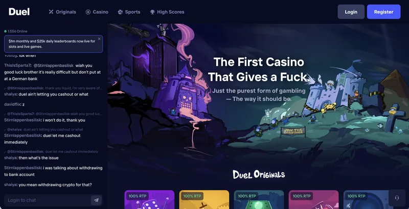 Duel.com crypto casino homepage with Originals lobby, live chat, and 100% RTP games