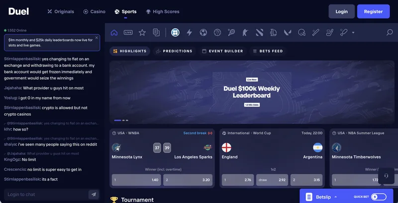 Duel.com sportsbook with live games, esports markets, and weekly leaderboard