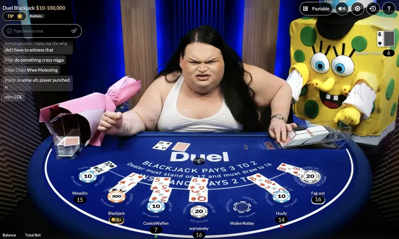 Duel Casino live blackjack studio table with dealer and SpongeBob co-host