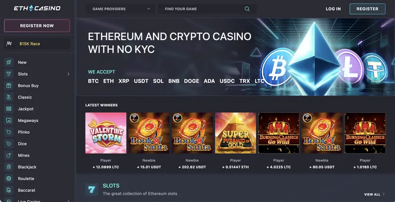 ETH Casino homepage with Ethereum wallet deposits and casino game library