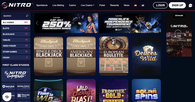 Nitro Casino homepage with game lobby, slots, and Independence Day bonus banners
